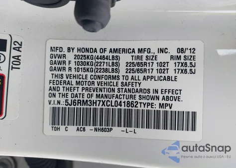 2012 Honda Cr-V Ex-L z USA, uszkodzony, nr VIN 5J6RM3H7XCL041862